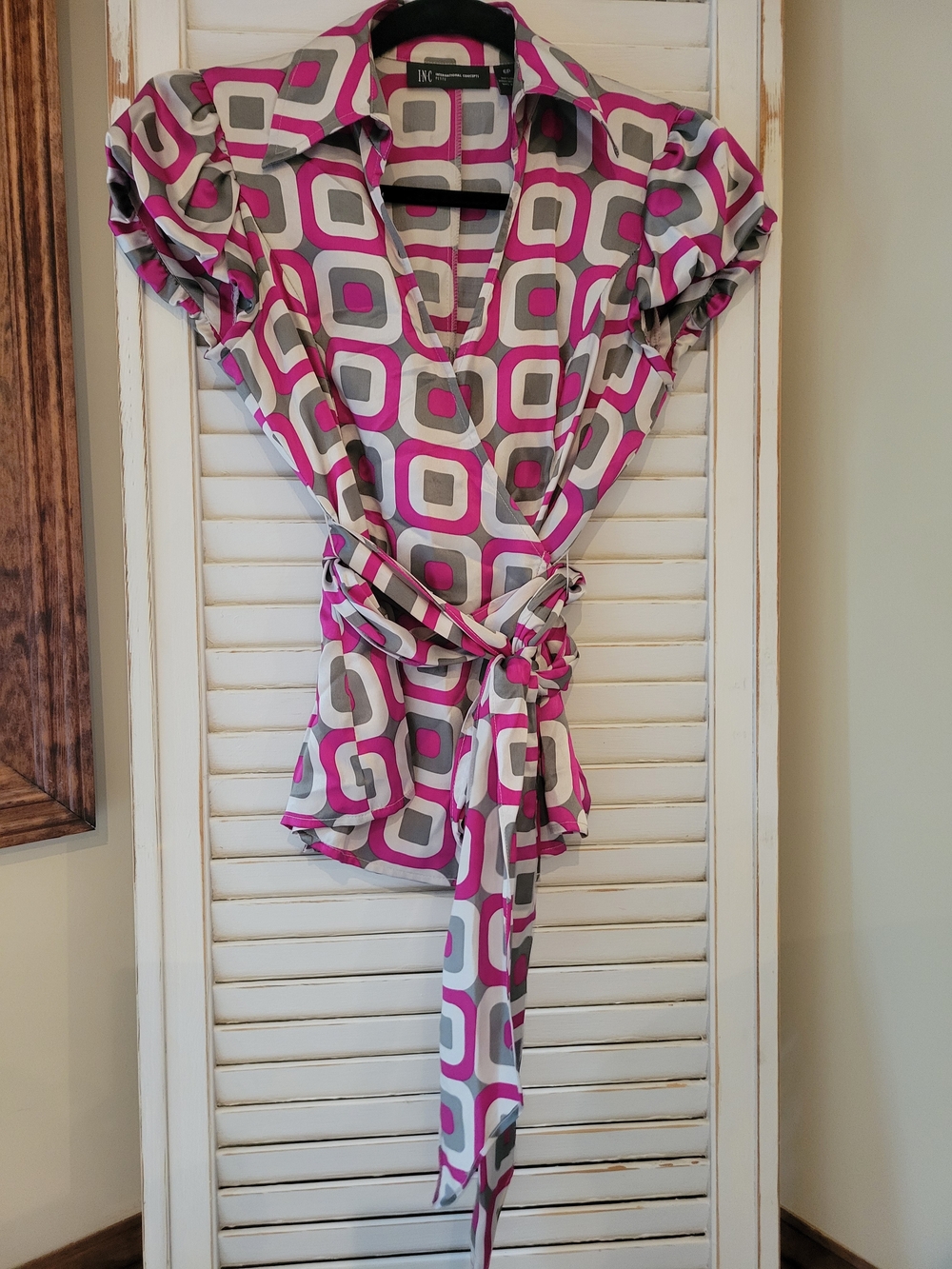 INC International Concepts Pink & Gray Geometric Print SILK Top